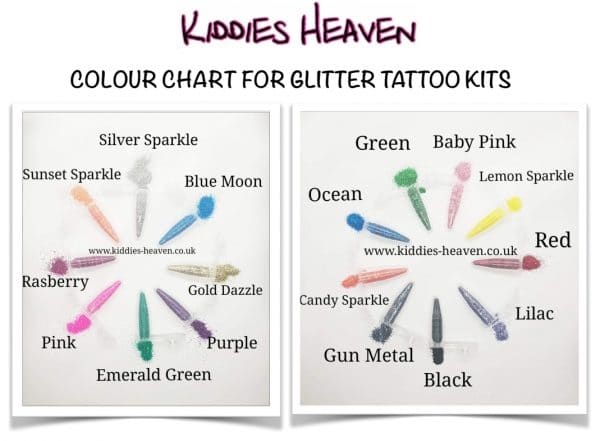 Colour Chart for glitter tattoo kits